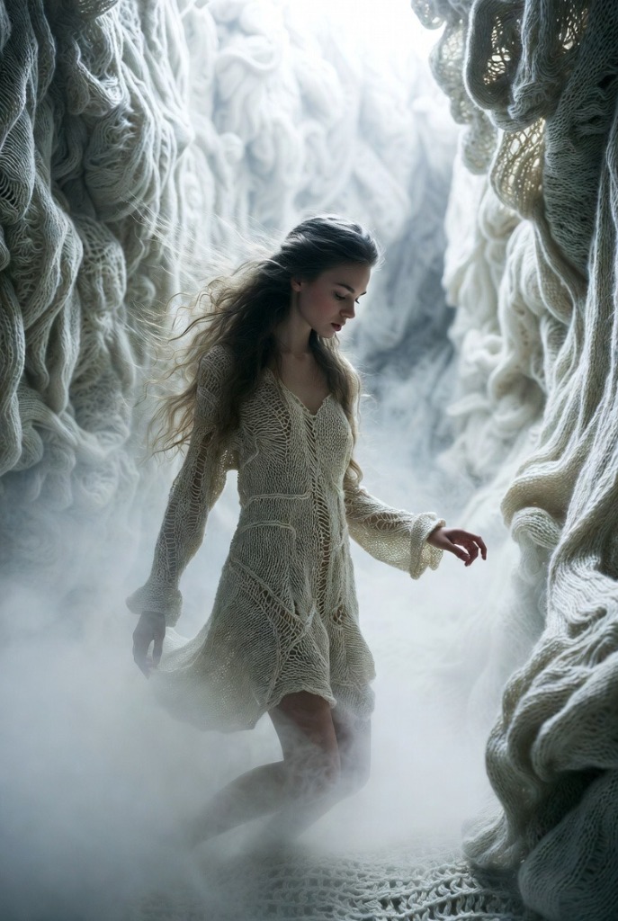 Woman walking through knitted cave passage