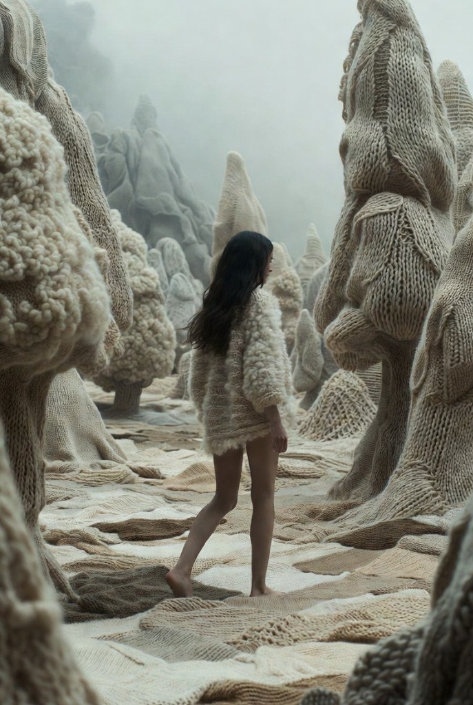 Woman walking through forest of knitted trees