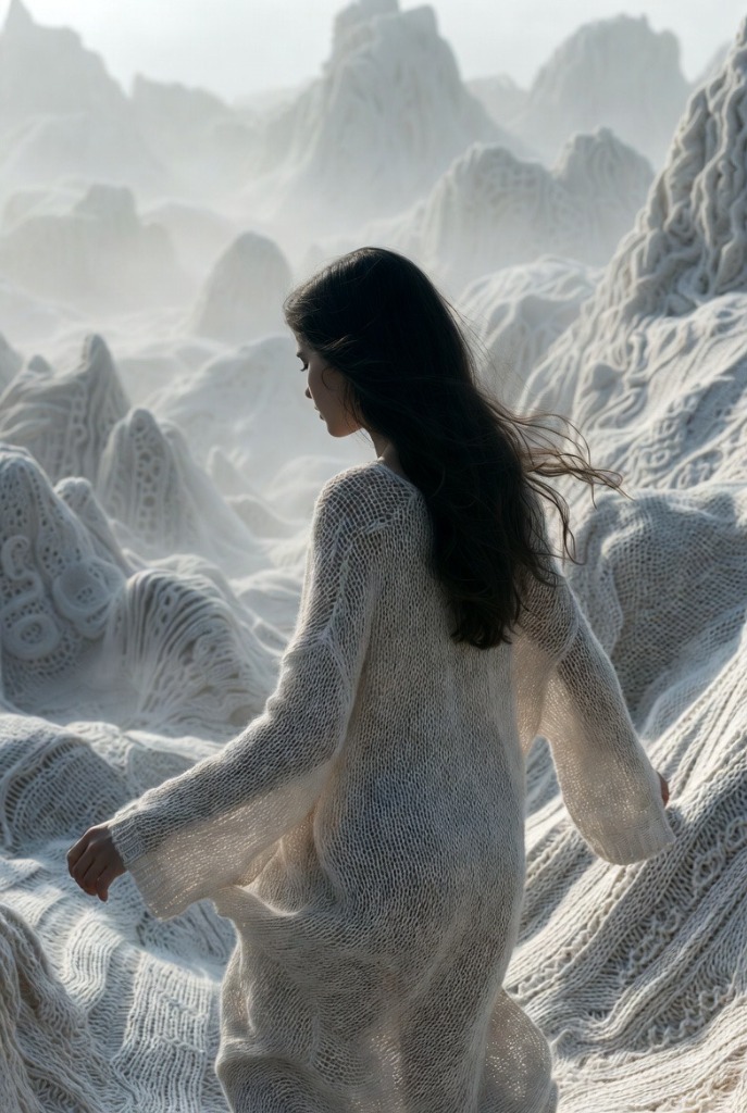 Woman in cashmere walking through knitted mountain landscape
